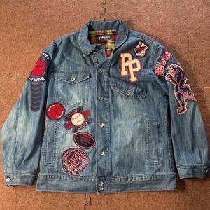 Pelle Pelle Marc Buchanan Denim Jacket XL Blue Plaid Lined Patch Streetwear 90s